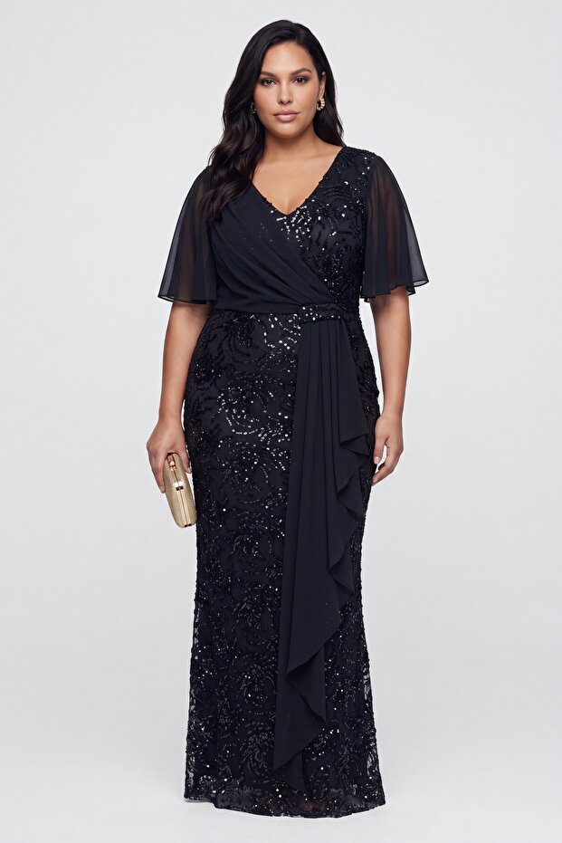 Women's Black V-Neck Short Sleeve Sequined Long Plus Size Evening Dress