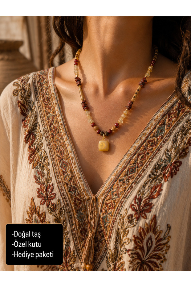 Natural Stone Yellow Agate and Red Jasper Stone Bohemian Necklace with Chakra Symbol Detail