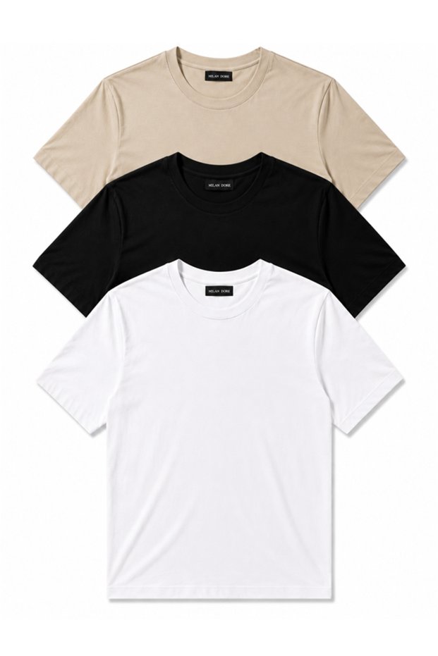 Set of 3 Men's White-Black-Beige Slim Fit Crew Neck Basic T-Shirts