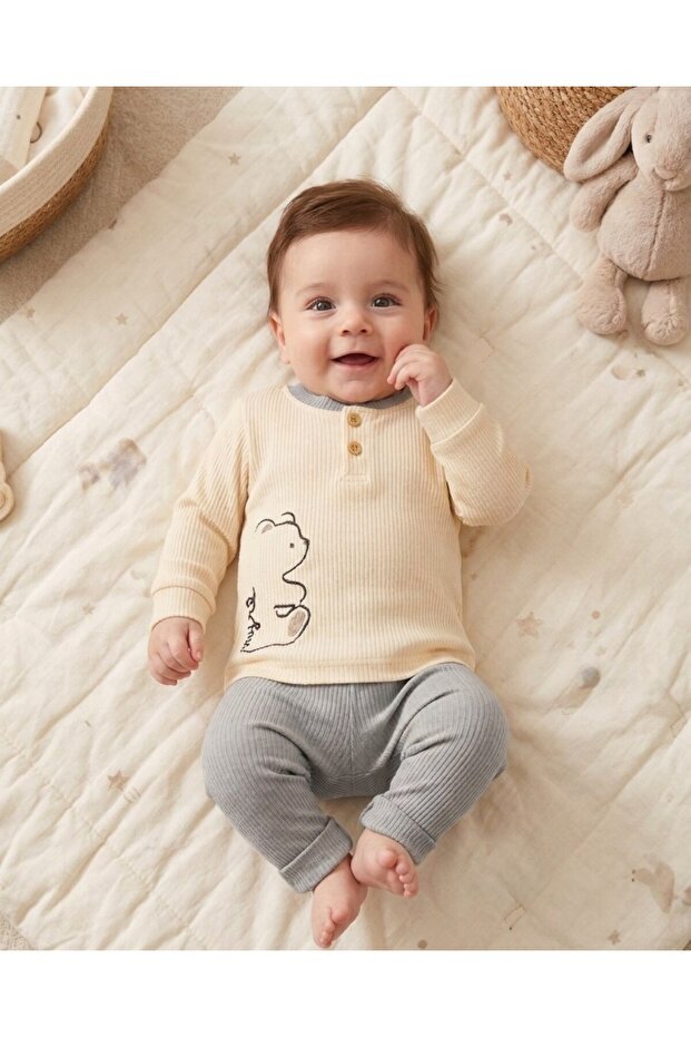 100% Cotton 0-3-6-9-12 Months Baby Boy Teddy Bear Embroidered Thin Seasonal 2-Piece Baby Set