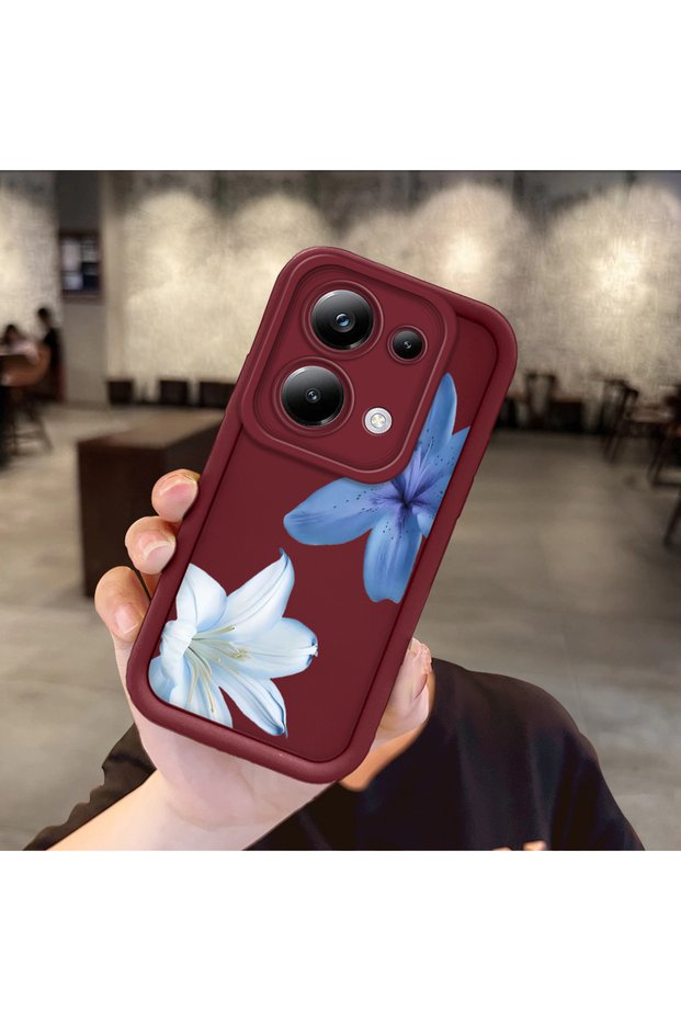 Xiaomi Poco M6 Pro 4g Compatible Case Camera Protector Burgundy Silicone Couple Phone Case Floral Pattern