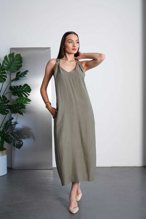 Women's Khaki Shoulder Ring Detailed Pocket Comfortable Cut Midi Dress Pc5091