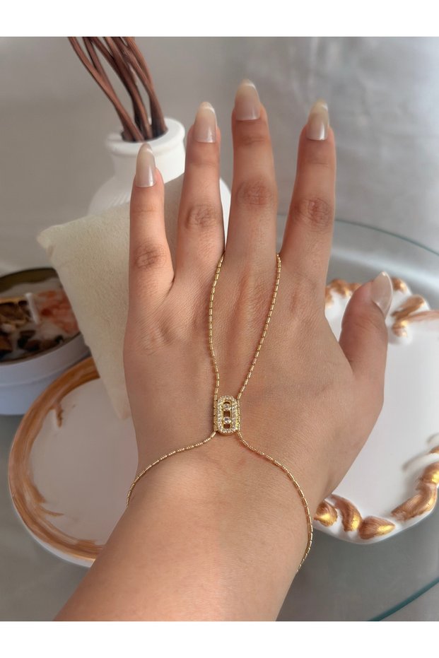 Zircon Stone Rectangular Detail Gold Color Women's Shameran Steel Bracelet
