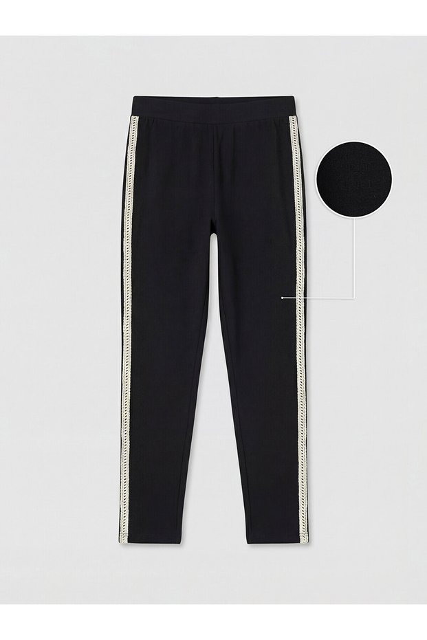 Two Mt Shop Quality Lcw Kids Black Regular Waist Girls' Leggings with Side Stripes