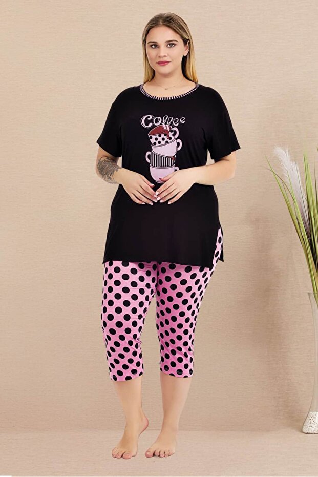 Plus Size Elastic Waist Comfort Model Viscose Cotton Women's Capri Pajamas Suit