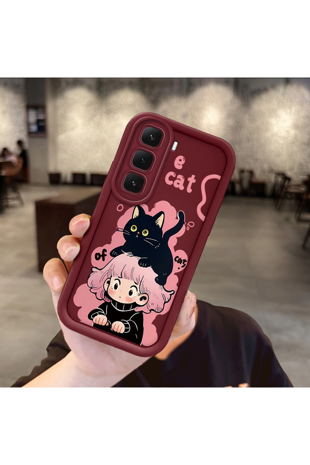 Infinix Hot 60 Compatible Case Camera Protector Claret Red Silicone Couple Phone Case Cat Pattern