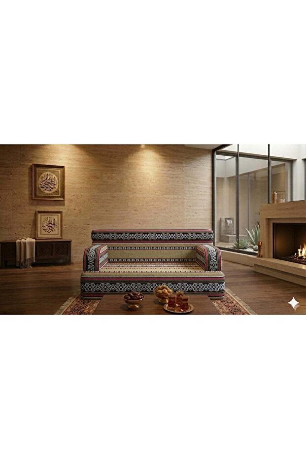 Arabic Majlis Sofa, Traditional Woven Fabric, Multicolour Striped Pattern, Living Room Seating