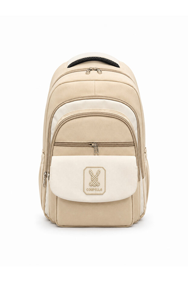Beige Unisex Daily School Backpack, Water Resistant, Multiple Compartments, Laptop Compartment