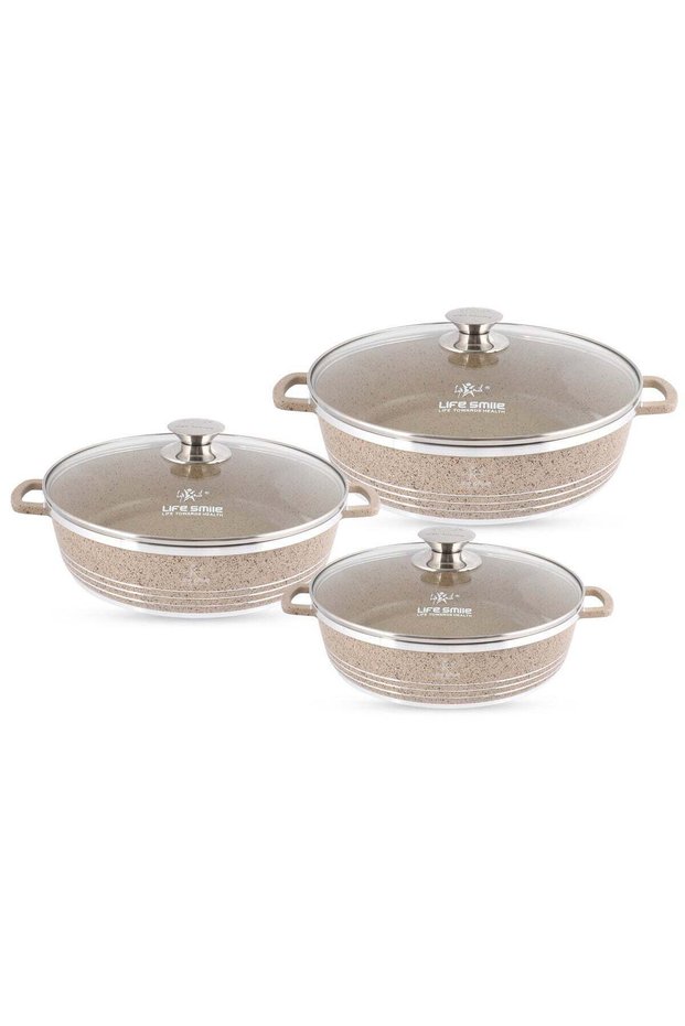 Life Smile Non Stick Cookware Set - Shallow Pots Set with Lid | 24 CM, 28 CM, 32 CM | Non Stick PFOA FREE Granite Coating Pots set | Kitchen Cooking Pots Oven Safe