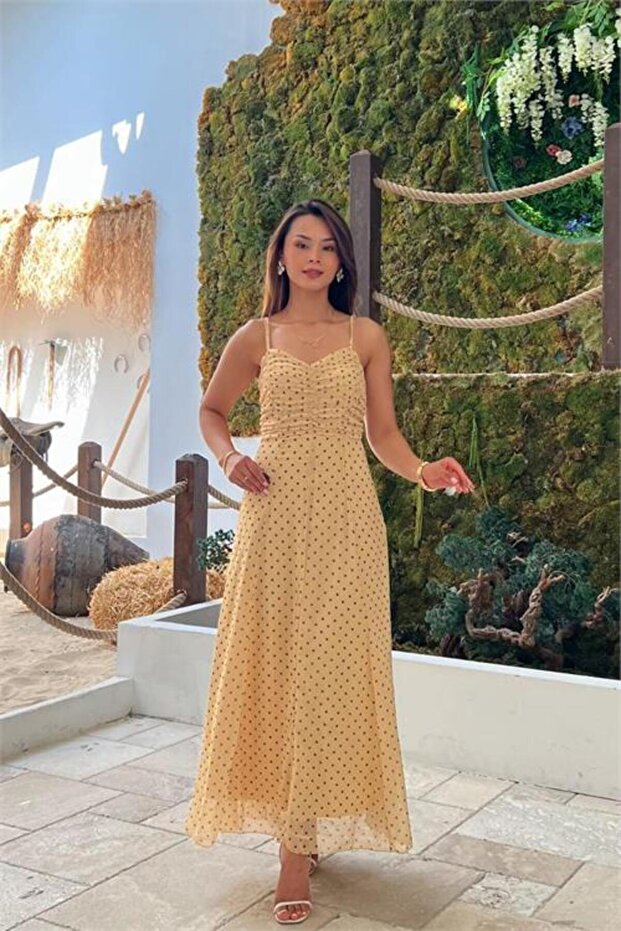 Women's Yellow Thin Strap Polka Dot Pattern Chest Draped Midi Length Dress Nbmy4037