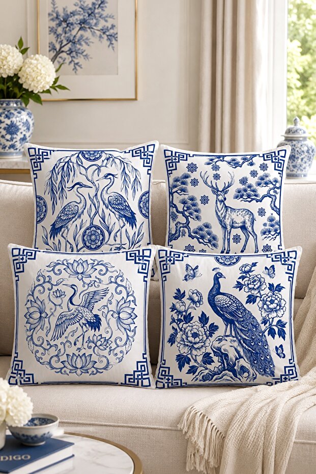 Blue Tile Animals Patterned 4-Piece Throw Pillow Cover Set