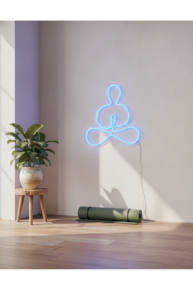 Yoga Meditasyon Figürlü LED Neon Duvar Tablosu | Mavi Aydınlatmalı Modern Dekor | Salon - 3