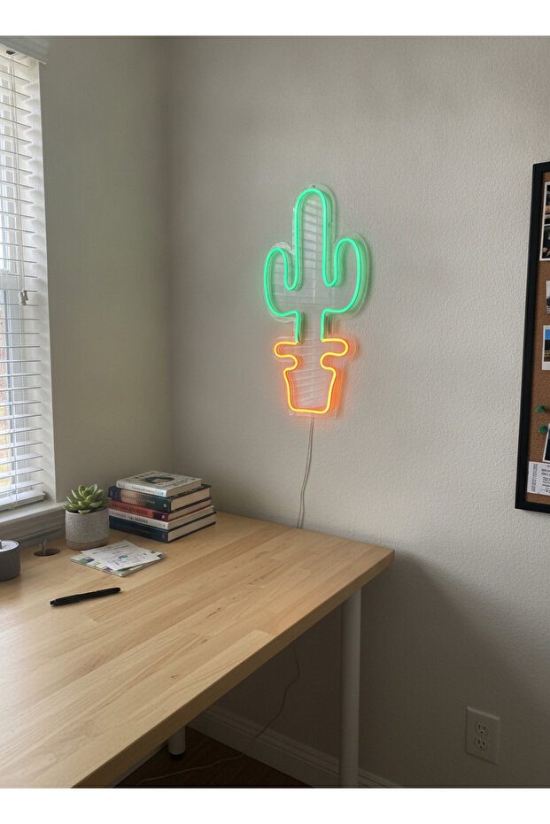 Kaktüs Figürlü LED Neon Duvar Tablosu | Yeşil Amber Aydınlatmalı Modern Dekor | Salon - 2