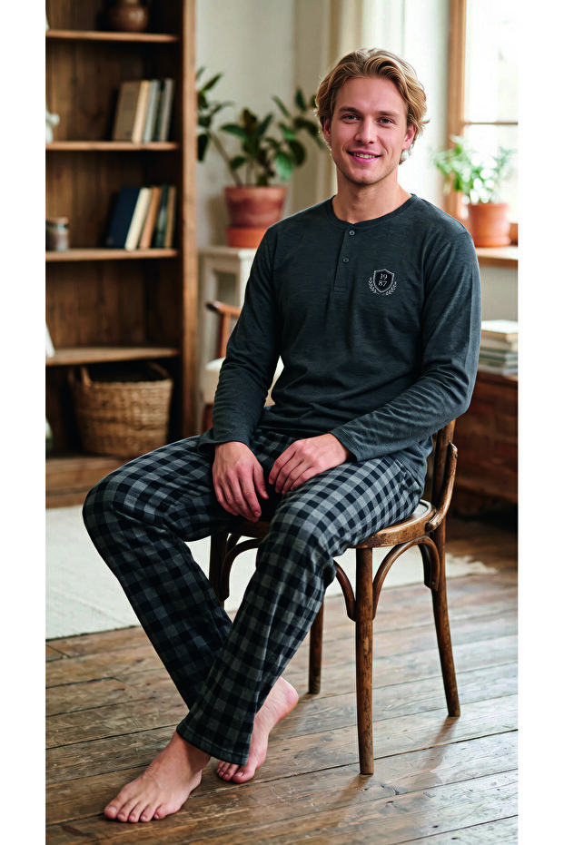 Combed Cotton Single Jersey (Thin) Checked Long Sleeve Men's Pajama Set