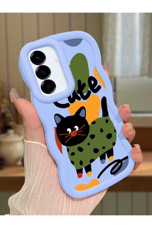 Samsung Galaxy A56 Compatible Case Camera Protector Blue Silicone Couple Phone Case Cat Pattern