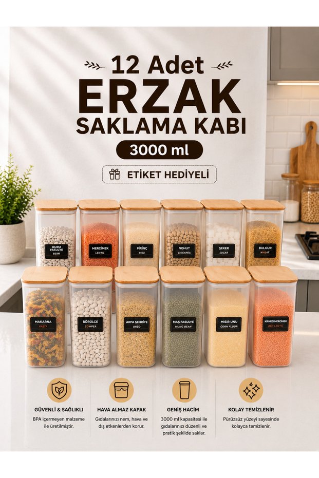 12-Piece 3 Lt Food Storage Container Set with Wooden Lids and Labels – Airtight Multi-Purpose Kitchen Organizer Set