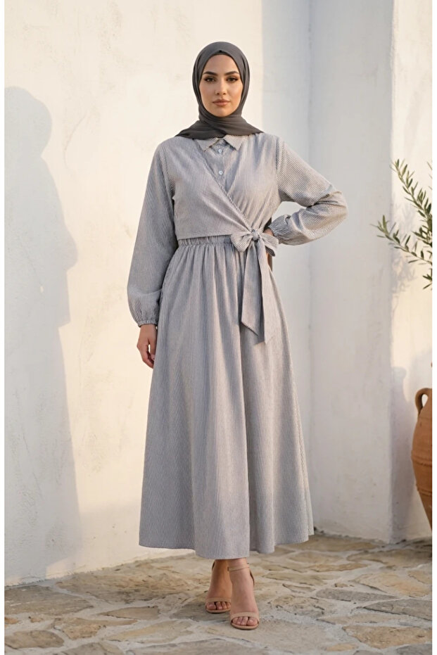 Side Tie Striped Buttoned Hijab Dress 0349-01 Black