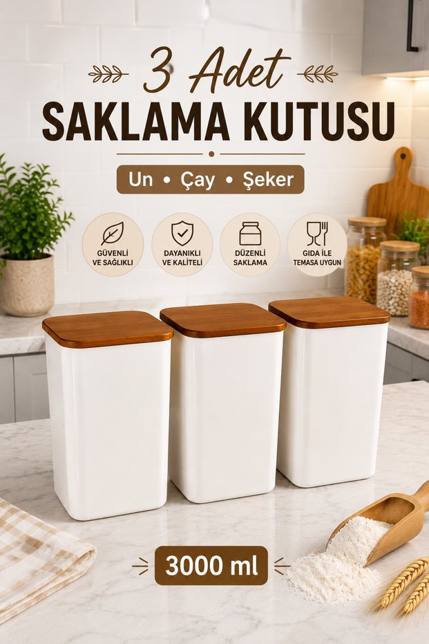 3-Piece 3 Liter Food Storage Container with Wooden Lid - Multi-Purpose Kitchen Organizer Flour Tea Sugar Box