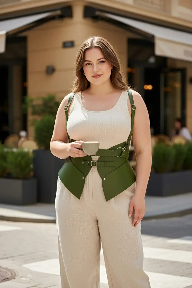 Plus Size Khaki Women's Belted Shoulder Strap Corset Style Waist Shaper