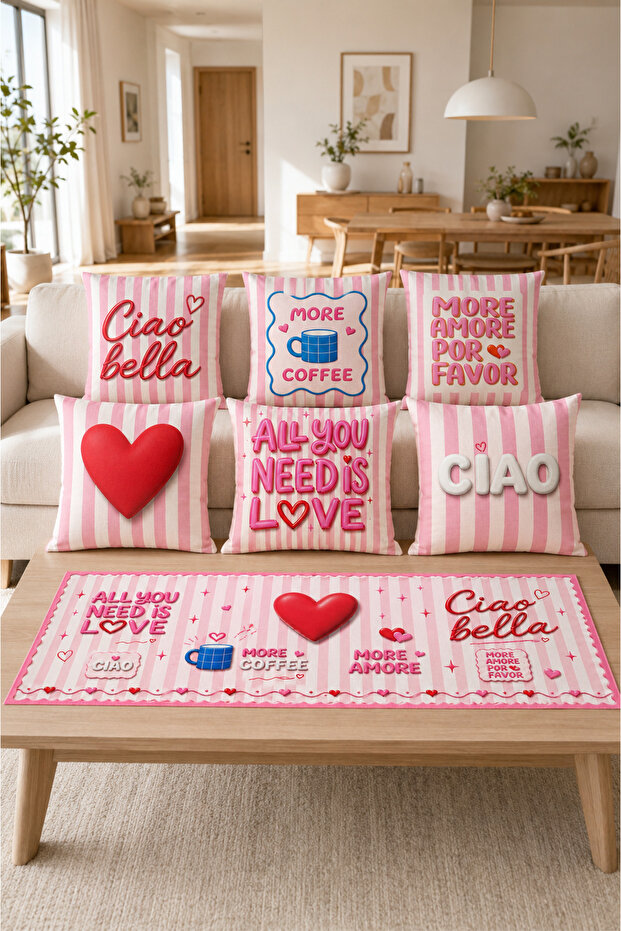 Pink Striped Ciao Bella Love Coffee Patterned 6-Piece Throw Pillow Cover and Runner Set (Double Sided)