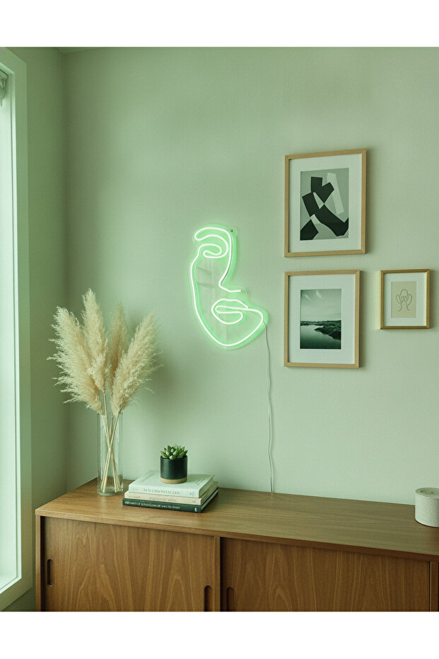 Soyut Yüz Figürlü LED Neon Duvar Tablosu | Yeşil Aydınlatmalı Modern Dekor | Salon - 5