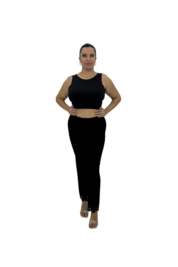 Plus Size Lycra Elastic Waist Embroidery Detailed Piped Leg Slim Viscose Women's Leggings Trousers
