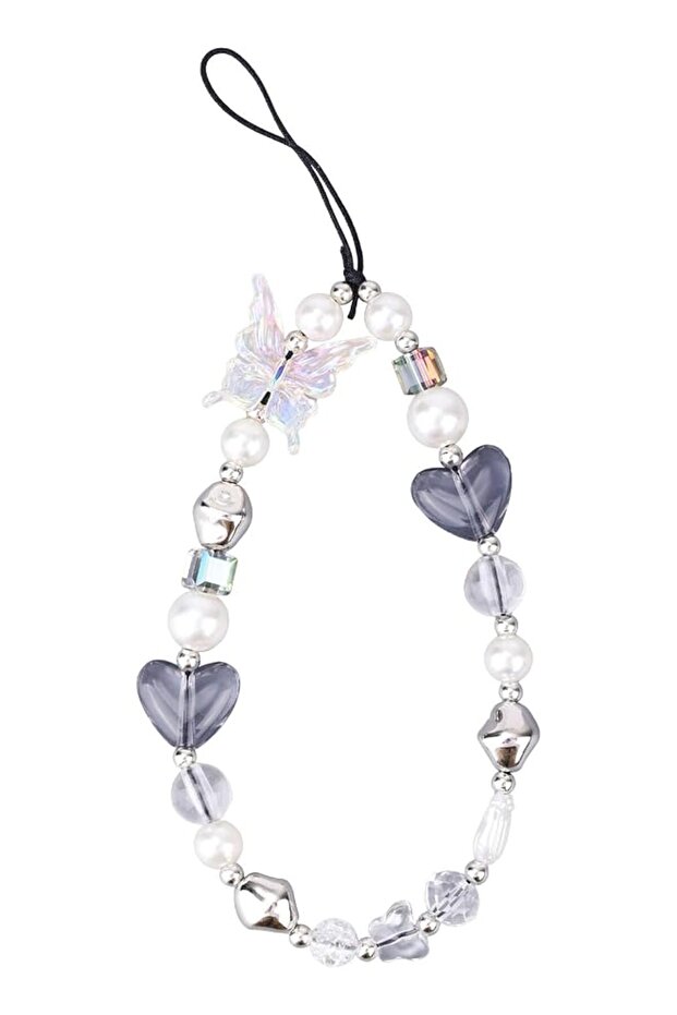 Beaded Phone Charm Strap, Cute Pearl Heart Butterfly Mobile Phone Wristlet Chain Wrist Lanyard