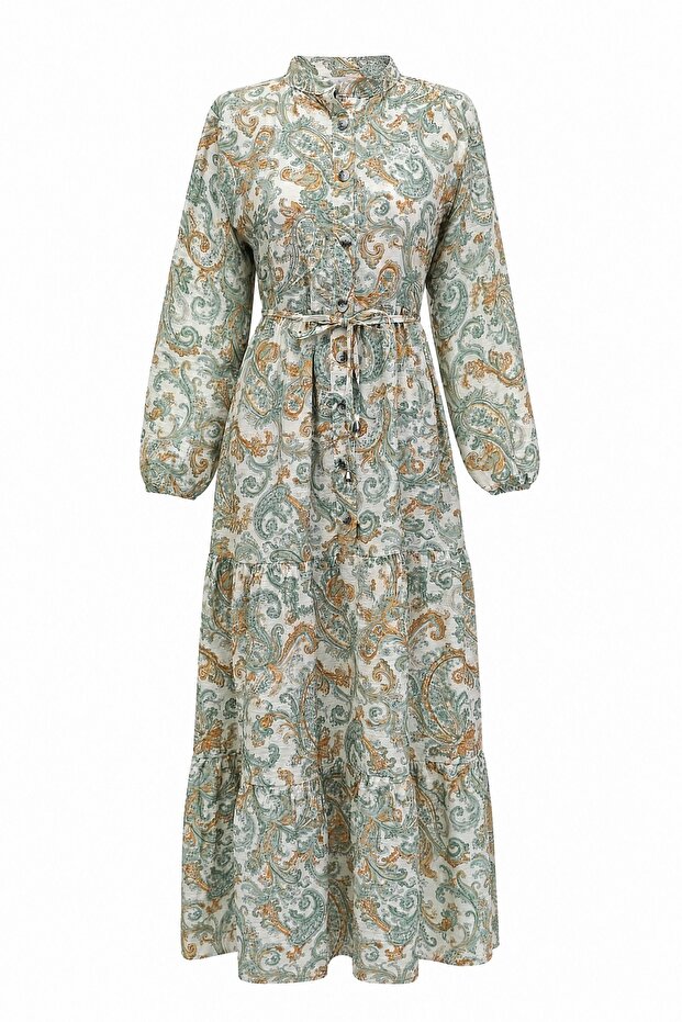Hakim Collar Half Buttoned Mixed Patterned Polycotton Dress with Elastic Sleeves - Green