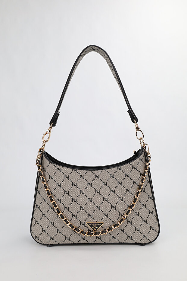 Women's Premium Zippered Patterned Mink-Black Belt Strap Chain Detailed Hand Shoulder Crossbody Bag Alba