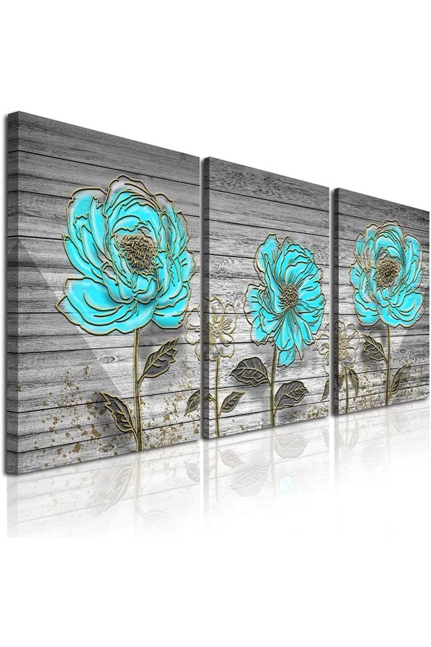 Teal Blue Floral Canvas Wall Art 3 Panels | 30x40cm 12x16 inch Each | Gallery Wrapped Wood Texture Flower Decor