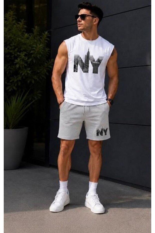 Cotton Printed White Sleeveless Sports Tank Top and Gray Shorts 2-Piece Set