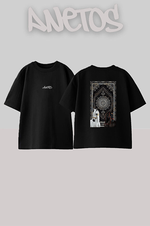 Persian Carpet Horses Design Back Printed Cotton Black Oversize T-Shirt