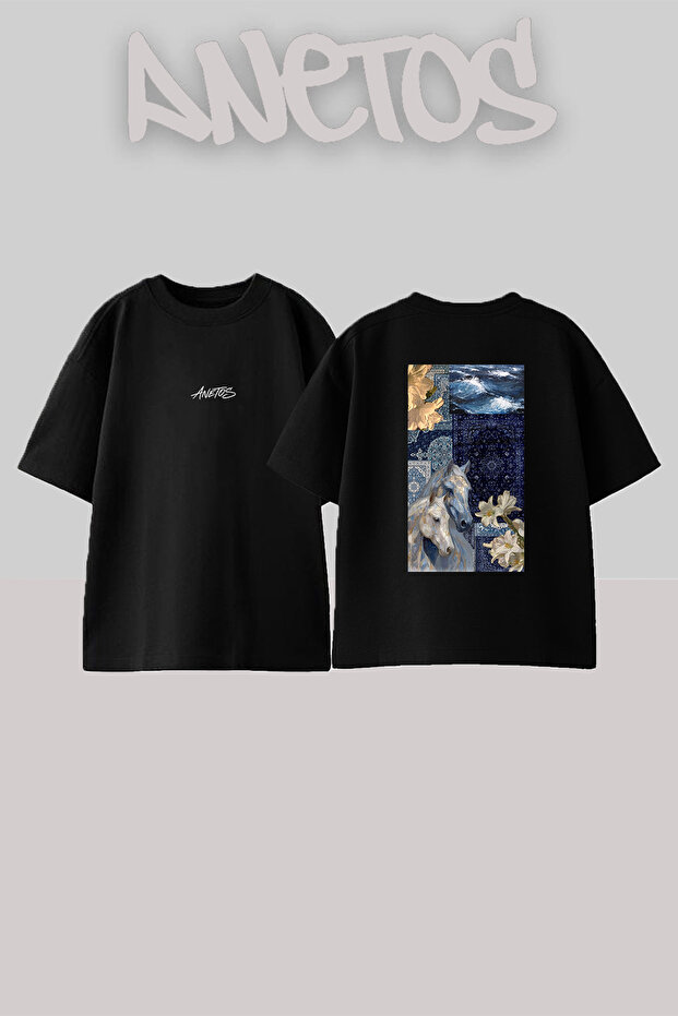 Blue Horse Pattern Design Back Printed Cotton Black Oversize T-Shirt