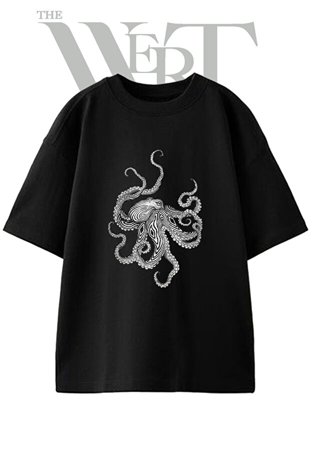 Octopus Drawing Design Printed Unisex Black Oversize T-Shirt