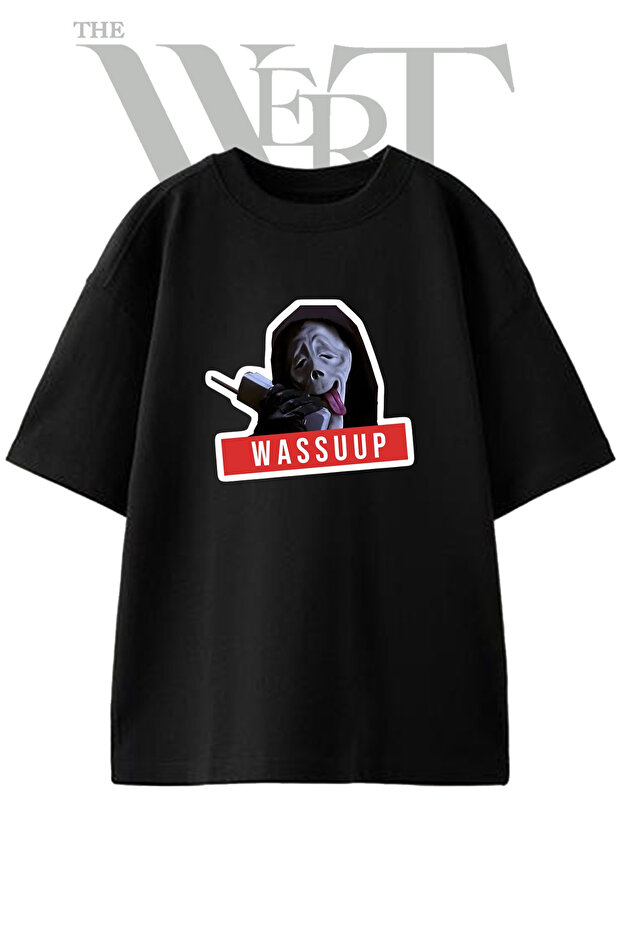 Wassuup Meme Design Printed Unisex Black Oversize T-Shirt