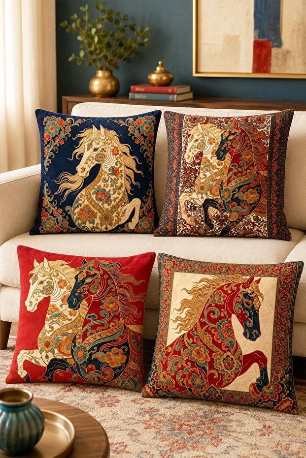Ethnic Patterned Horses Patterned Set of 4 Throw Pillow Covers