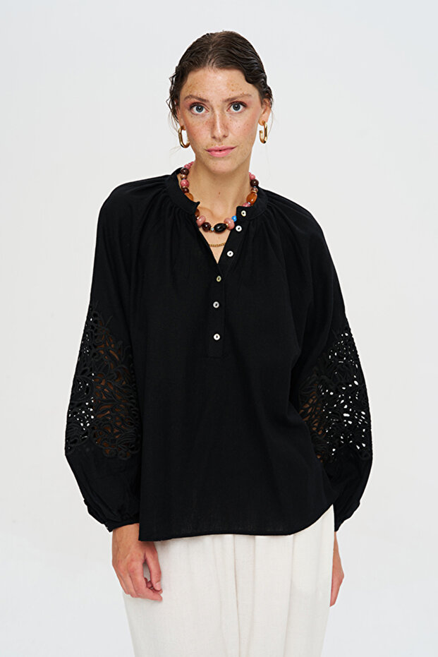 Women's Blouse with Openwork Lace Detail on the Sleeves and High Collar
