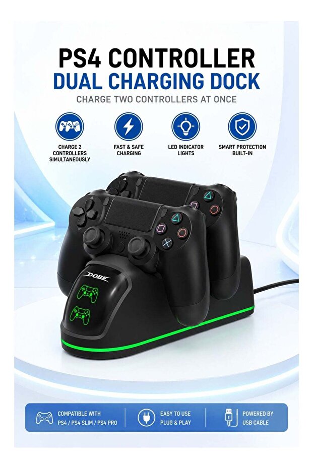 PS4 Controller Dual Charging Dock Station with LED Charging Indicators, Fast USB Dual Charger Stand Compatible with PlayStation 4 / PS4 Slim / PS4 Pro Wireless Controllers, Black