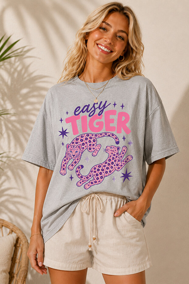 Easy Tiger Printed Crew Neck Casual Unisex Oversize T-Shirt - Leopard Themed Cotton T-Shirt