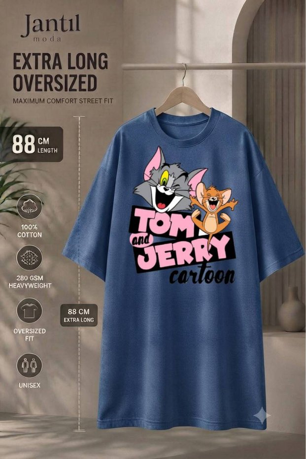 Crew Neck Tom and Jerry Printed Extra Long Oversize Tunic T-Shirt Short Sleeve