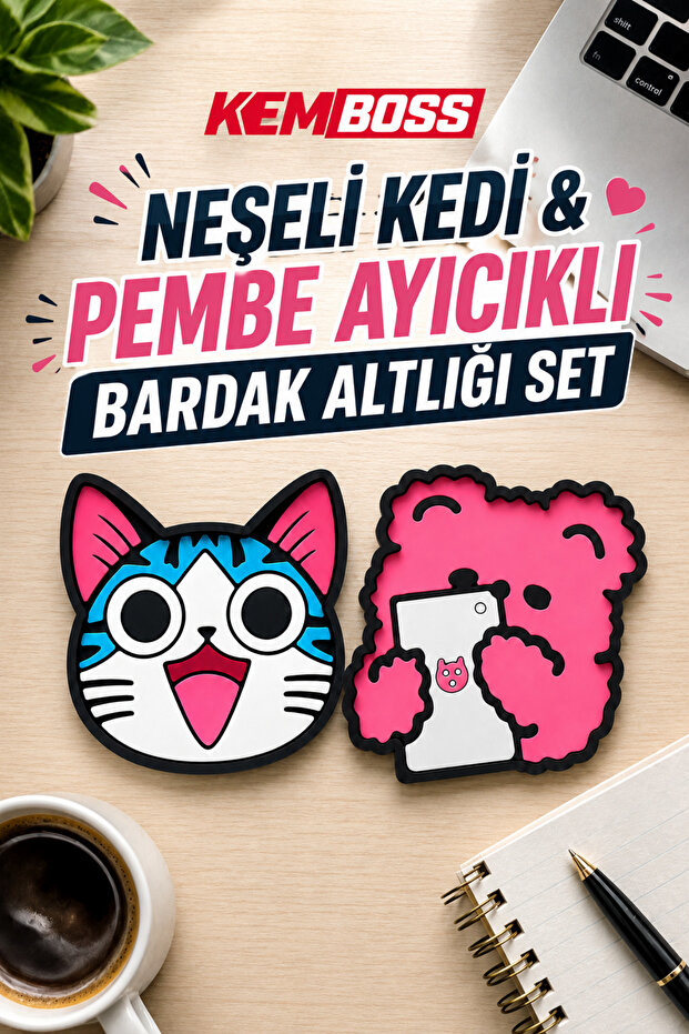 Happy Cat and Pink Teddy Bear Coaster Set of 4 - Pvc Non-Slip Coasters (2 Happy Cats + 2 Pink Teddy Bears)