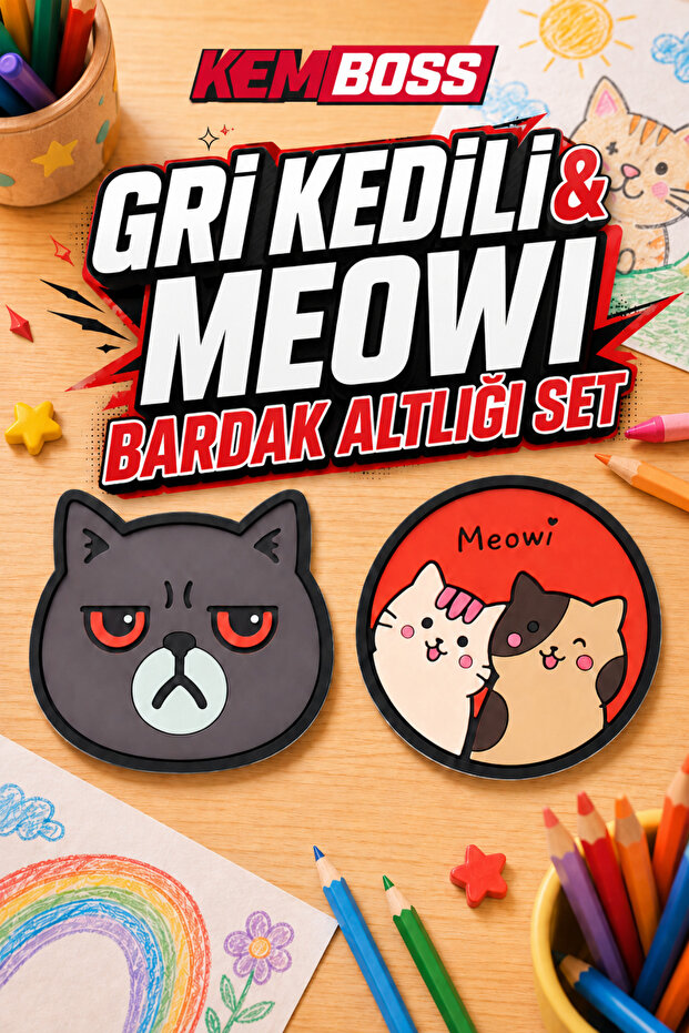 Gray Cat and Meowi Cat Coaster Set of 4 - Pvc Non-Slip Coasters (2 Gray Cats + 2 Meowi Cats)