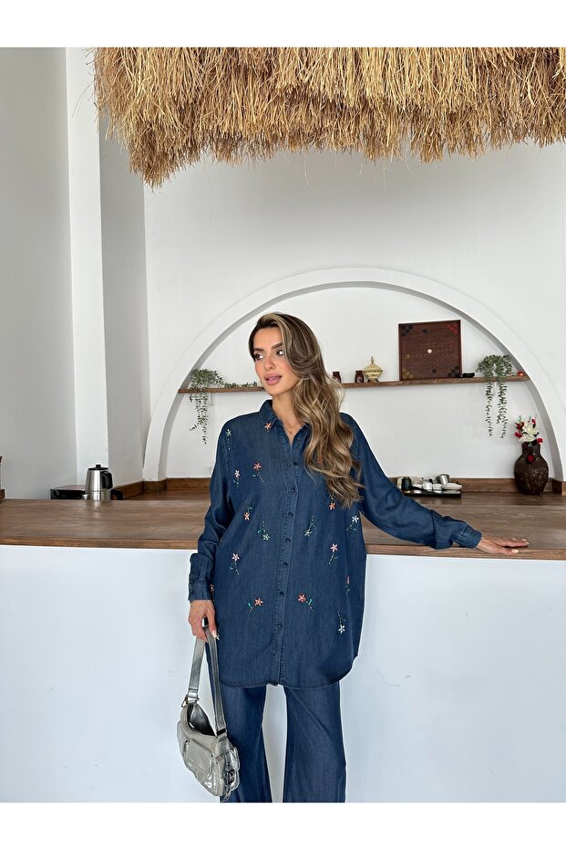 Women's Front Beaded Embroidered Denim Oversize Shirt