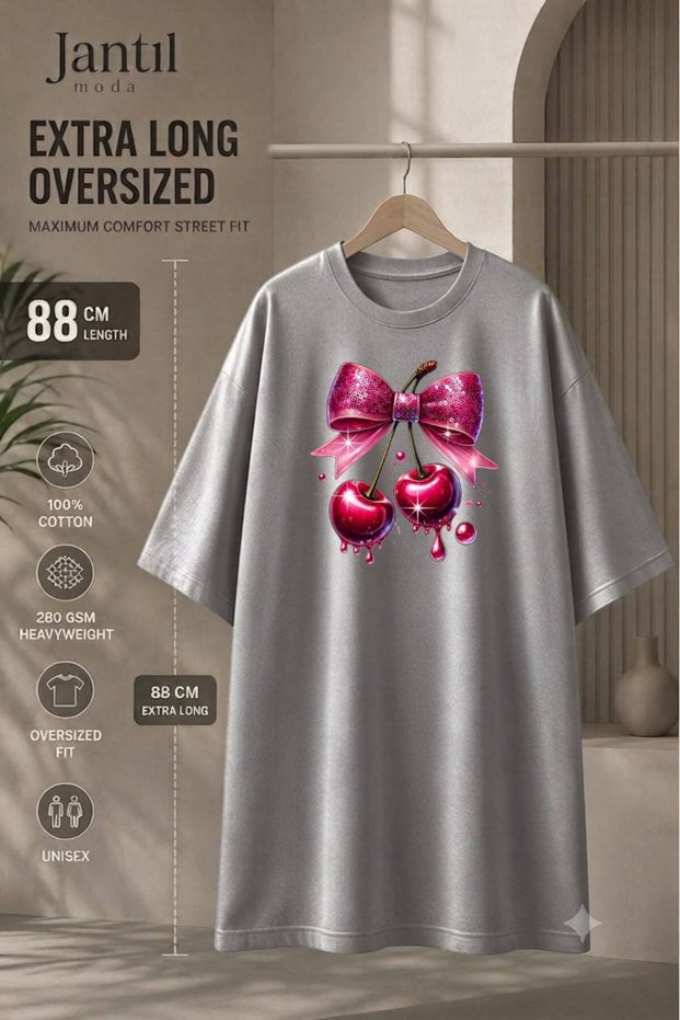 Crew Neck Bowknot Cherry Printed Extra Long Oversize Tunic T-Shirt Short Sleeve