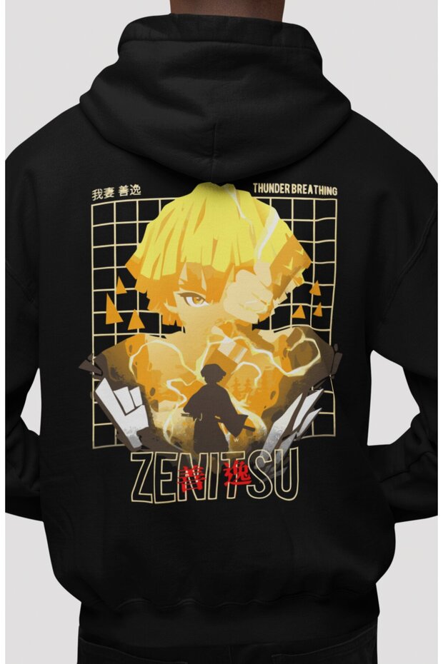 Zenitsu Agatsuma Kimetsu No Yaiba Anime Back Printed Unisex Oversize Combed Cotton Hoodie