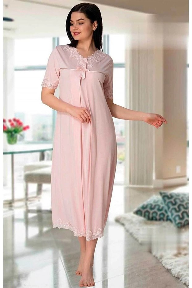 Dvina Lohusa Hamile Lace Detailed Short Sleeve Nightgown - Pink