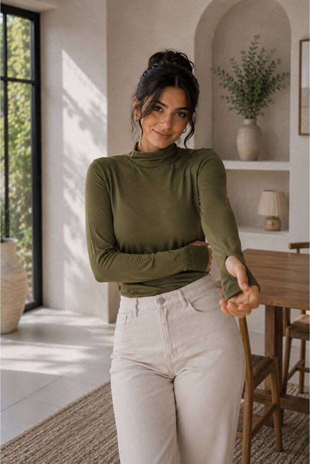 Women's Fingerless Bodywear with Finger Loop, High Quality Turtleneck