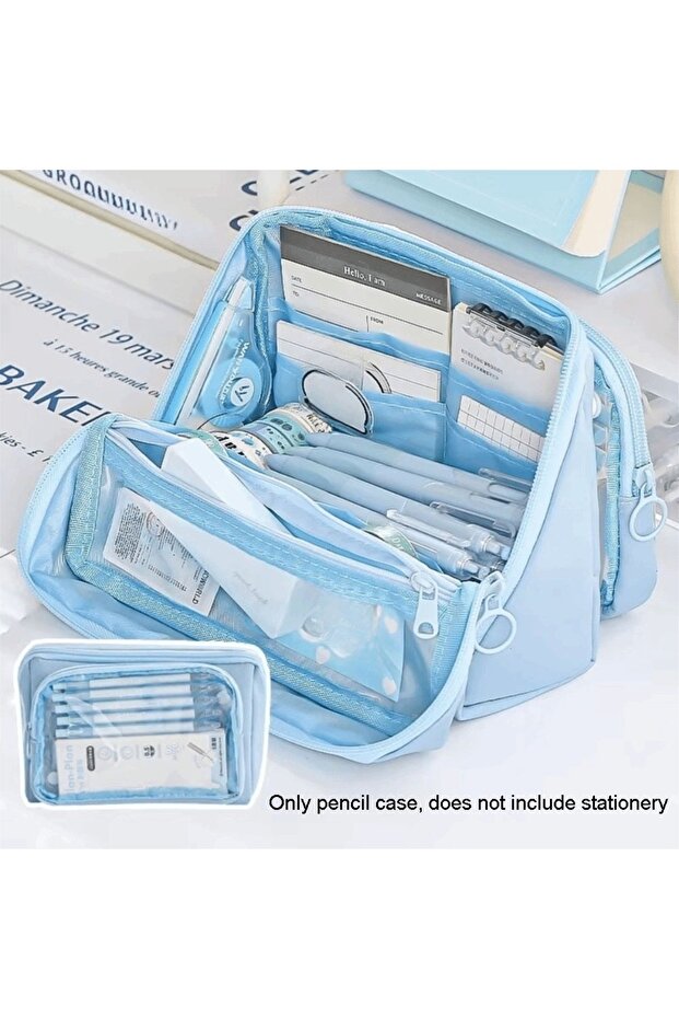 Blue Large Capacity Transparent Pencil Case Zipper Multifunctional Transparent Pen Bag DIY Solid Col