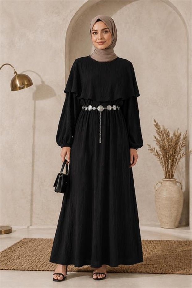 Women's Black Waist Chain Belt Cape Detailed Premium Hijab Dress Nbelb015