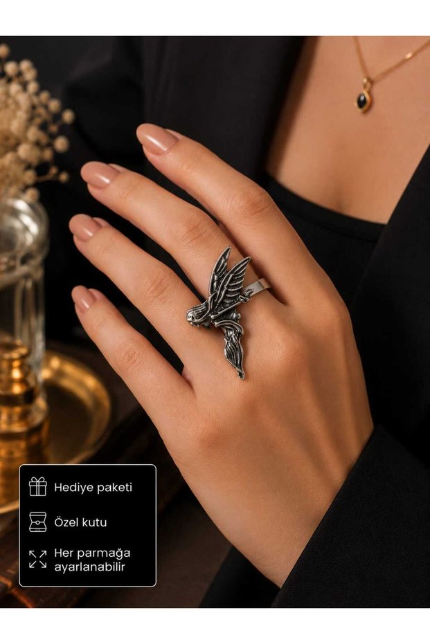 Wings of Freedom Adjustable Ancient Silver Color Embossed Women's Ring with Eagle Figure